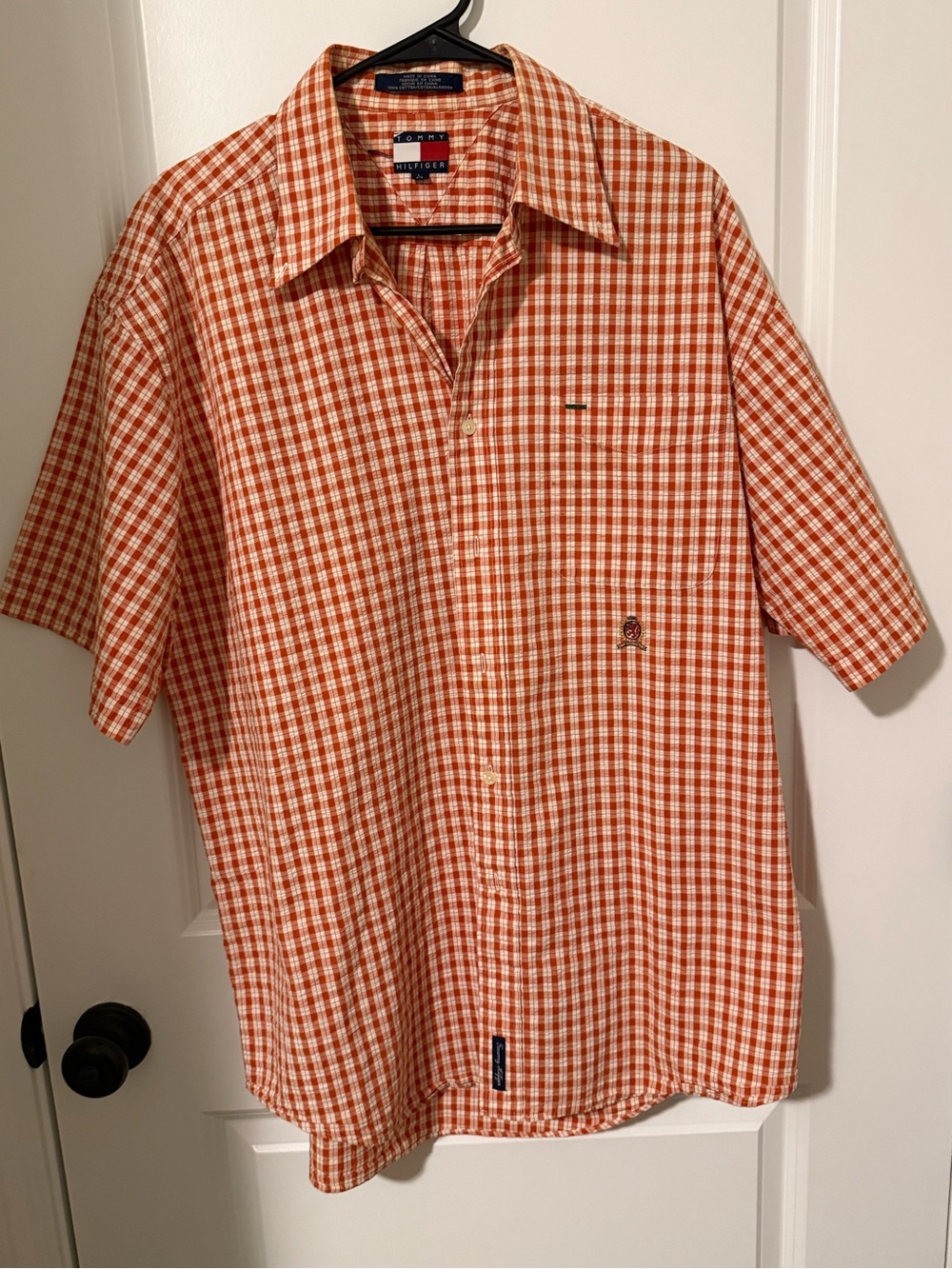 Tommy Hilfiger Orange and White Check Short-Sleeve Button-Down Shirt